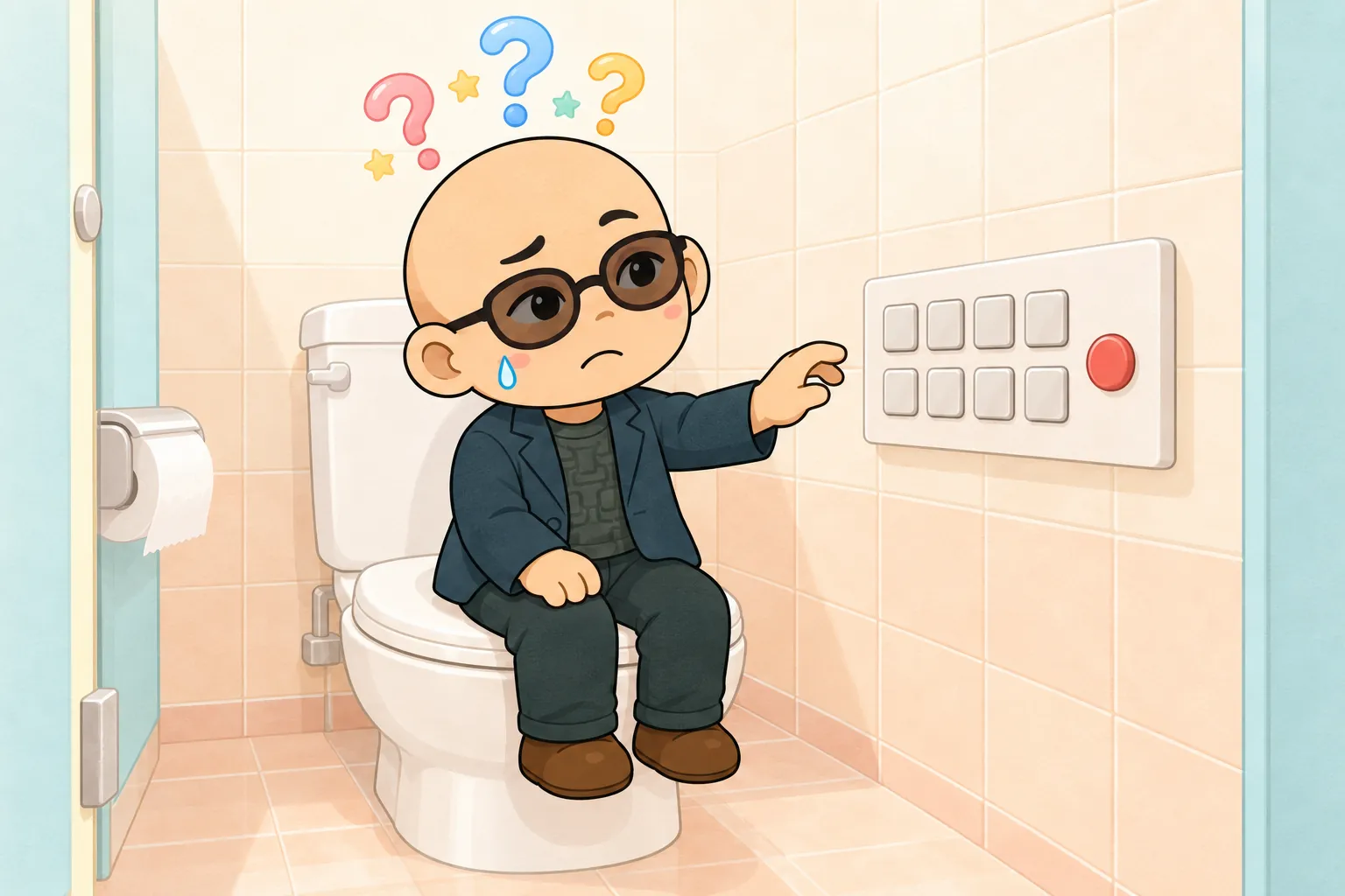 トイレの個室で便座に座ったアスカが、壁の操作パネルに手を伸ばしかけて「どれだろう？」という顔をしている。文字のない同じ形のボタンが8つ並び、その横に赤い丸ボタンが1つ。