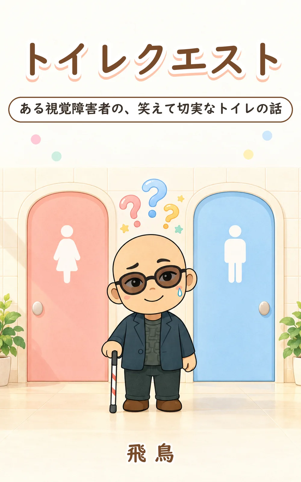 表紙。クリーム色の背景に、丸い文字の書名「トイレクエスト」と副題。その下で、ピンクの女性用と水色の男性用の扉の間に、白杖を持ったアスカが首をかしげて立っている。いちばん下に著者名「飛鳥」。