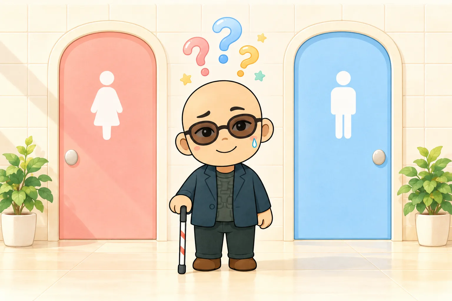 クリーム色のタイルの壁に、ピンクの女性用の扉と水色の男性用の扉が並んでいる。その間で、白杖を持ったアスカが首をかしげ、汗をひとしずく浮かべてにこっと笑っている。頭の上に小さな「？」のふきだし。