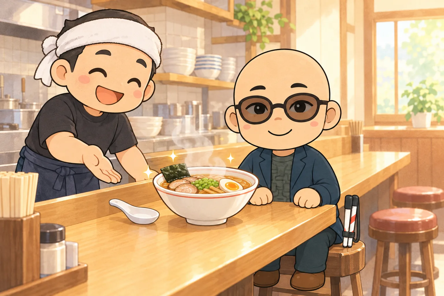 湯気の立つ小さなラーメン屋のカウンター。はちまきの店長が笑顔で、アスカの前の丼の右側に置いたれんげを、手のひらで示している。アスカはうれしそうにほほえんでいる。