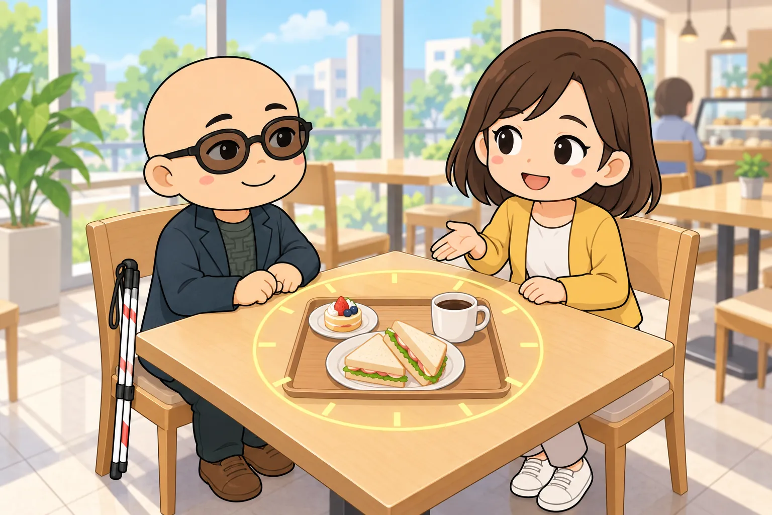 明るいカフェ。席に着いたアスカの前に、サンドイッチの皿、右上にコーヒー、左上にデザート。向かいに座ったガイドの女性が、手で示しながら位置を説明している。テーブルの上に、時計の文字盤を表す薄い輪。