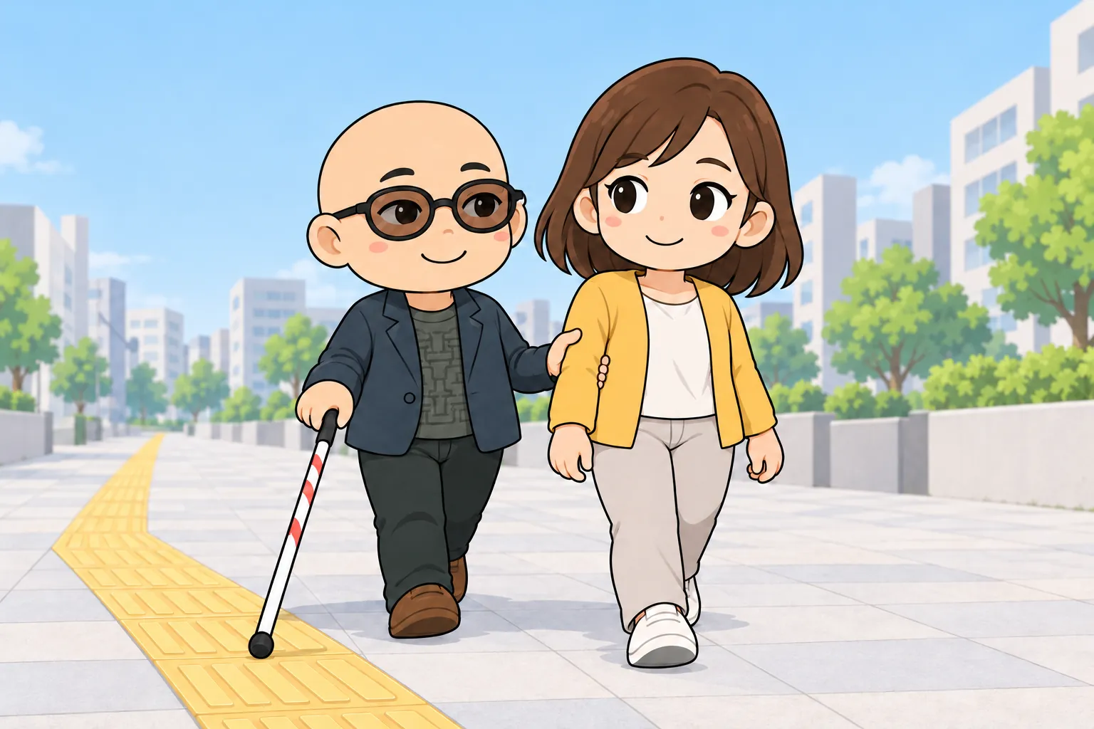 晴れた日の歩道。黄色い点字ブロックに沿って、右手に白杖を持ったアスカが、左手でガイドの女性の肘の少し上を持って歩いている。ガイドは半歩前を歩いている。