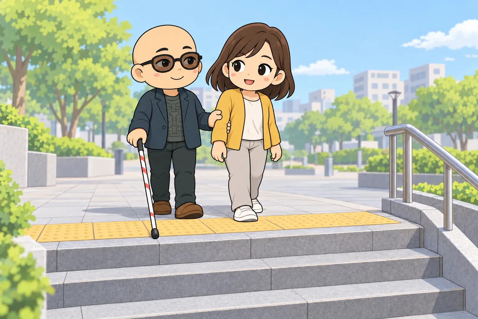 下りの階段の手前で、ガイドの女性とアスカが立ち止まっている。手前には点状の点字ブロック。アスカは左手で女性の肘の少し上を持ち、右手の白杖で一段目の端を確かめている。階段の右側に手すり。