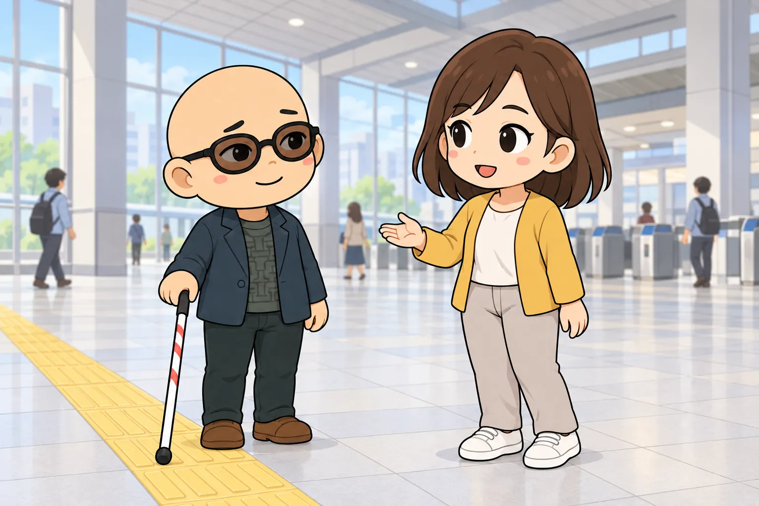 明るい駅のコンコース。白杖を持って立ち止まっているアスカに、ガイドの女性が前から、少し距離をとって笑顔で話しかけている。まだ体には触れていない。