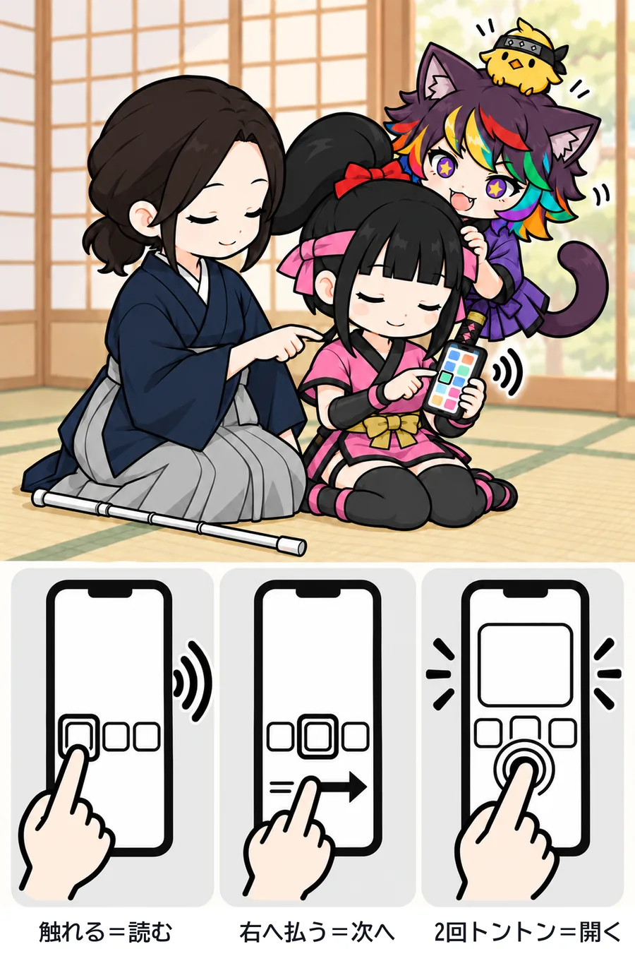 第3章の章末図解。上は、目を閉じた咲耶が志乃に教わりながらiPhoneに触れ、ネムが後ろからのぞいている場面。下は三つの操作の図で、左から「触れる＝読む」「右へ払う＝次へ」「2回トントン＝開く」。