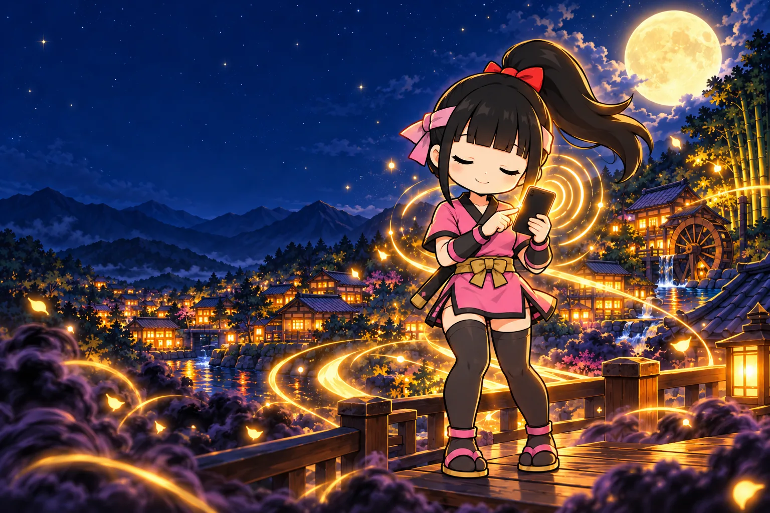満月の夜、灯りのともる忍びの里を見下ろす木の欄干のそばで、目を閉じた咲耶がiPhoneの画面に指先で触れている。画面から金色の音の波が広がり、足もとの黒い霧を押し返している。