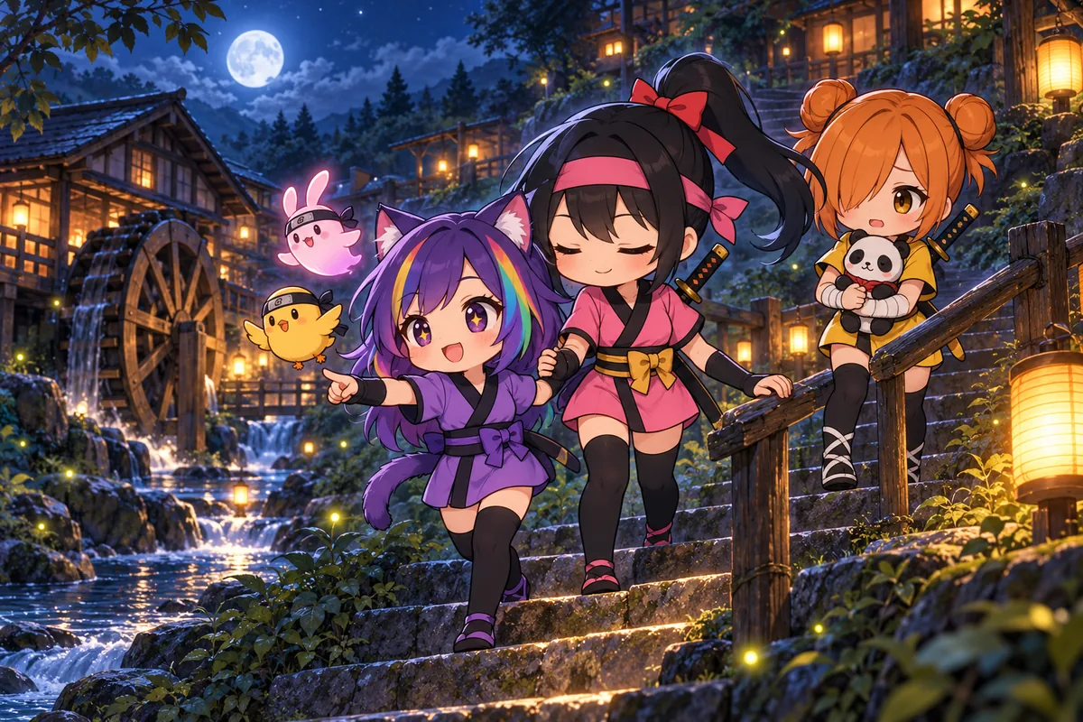 月夜の石段を、ネム、咲耶、シャオランの三人が下りていく。目を閉じた咲耶は前を行くネムの腕を持ち、もう片方の手で手すりに触れている。後ろのシャオランはパンダのリーリーを抱えている。