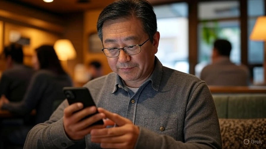 スマホを見て考え込んでいる中年男性