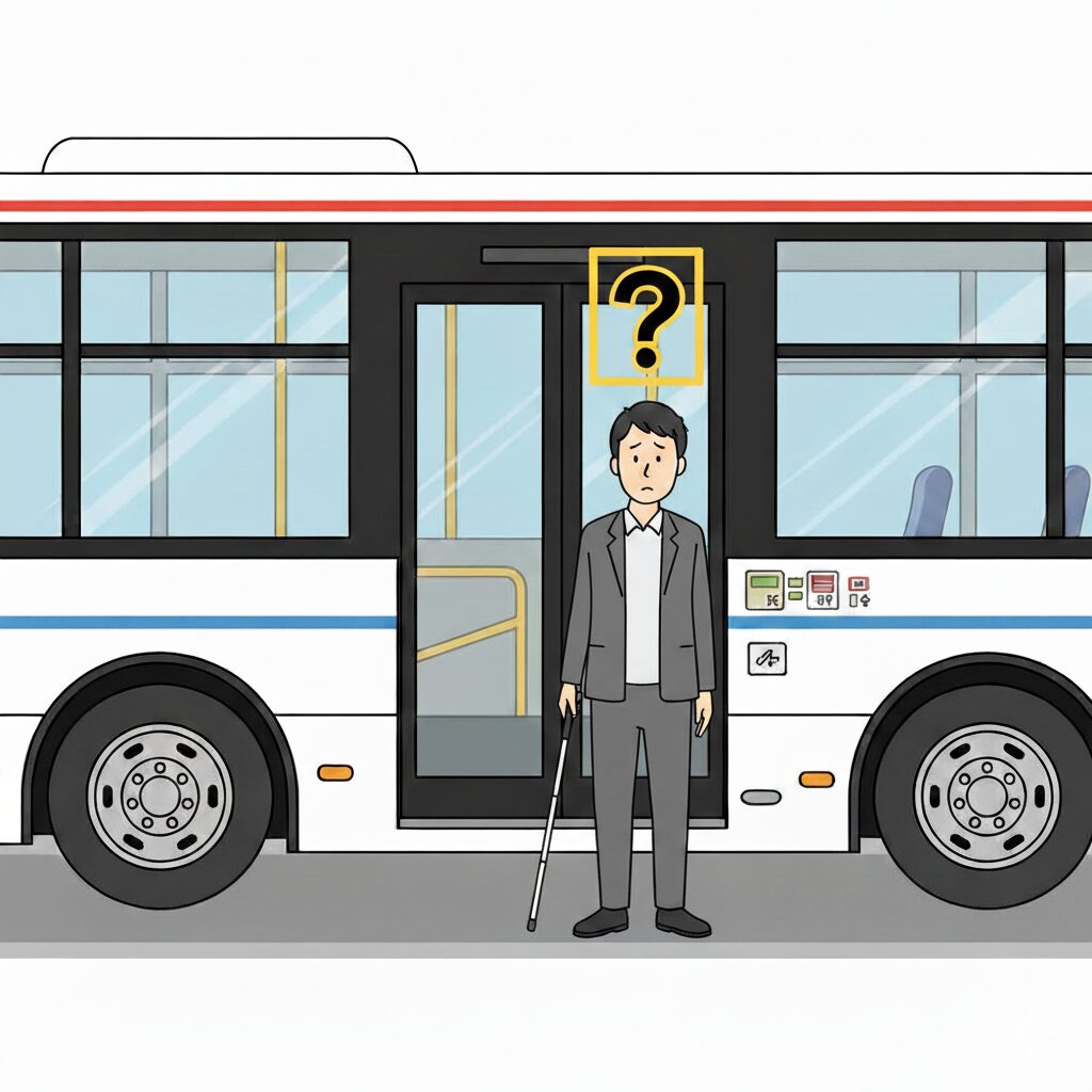 バスの前で立つ白杖を持つ男性頭の上には？